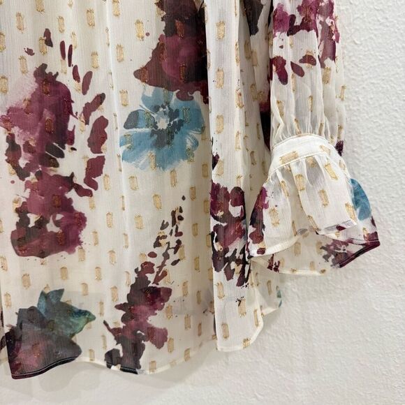 Soft Surroundings Women's Large Primrose Blouse Top Floral Gold Metallic Tie - Picture 6 of 10